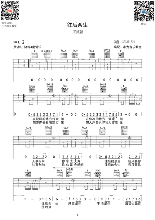 往后余生吉他谱 抖音王贰浪版