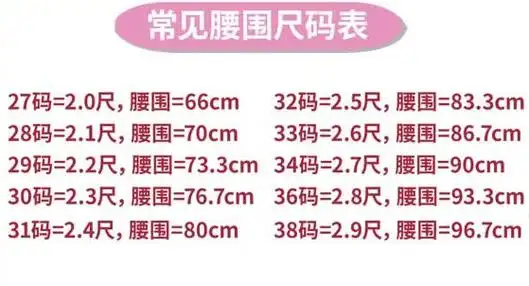 腰围换算腰围尺码换算器