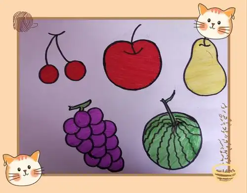 材料制作: 1,在纸上画上自己喜欢的水果并涂色