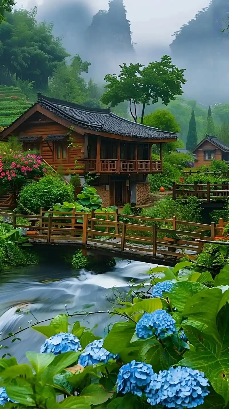 漫步乡间小路上,绿树掩映房屋,小桥流水,清新自然