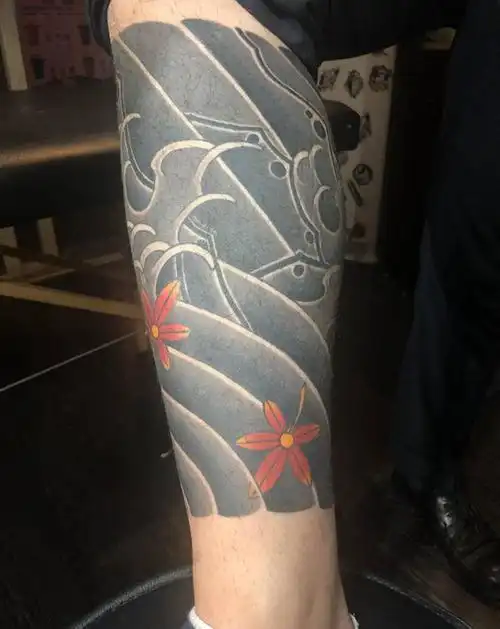 浪花小腿纹身图片_腿部老传统纹身图案