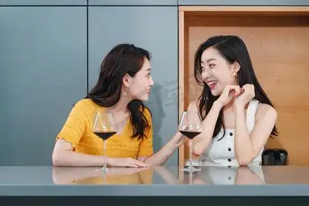 宅家喝红酒摄影照片_年轻闺蜜坐在一起喝红酒