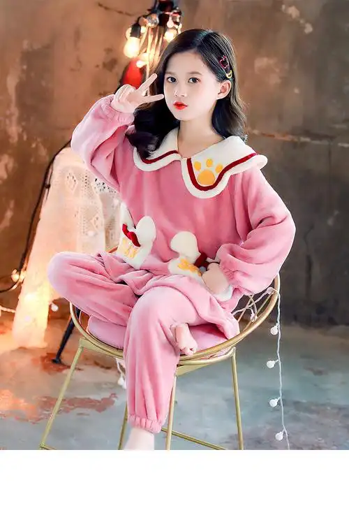 皇勃法兰绒女童睡衣秋冬季儿童可爱加厚款家居服小女孩珊瑚绒中大童装