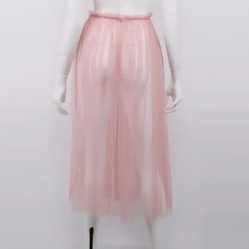 夏季女装百褶裙性感蕾丝网眼透明裙休闲薄纱高腰网眼薄纱长裙