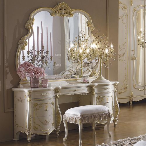 别墅高端定制实木雕花法式公主梳妆台彩绘欧式金箔奢华化妆桌妆镜