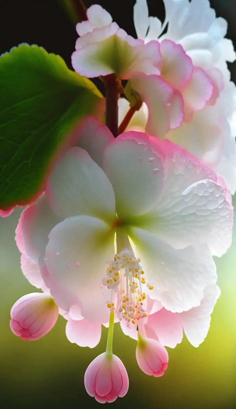 花瓣大而美,透明白色粉边海棠花,花瓣上露珠晶莹剔透.#图文伙 - 抖音