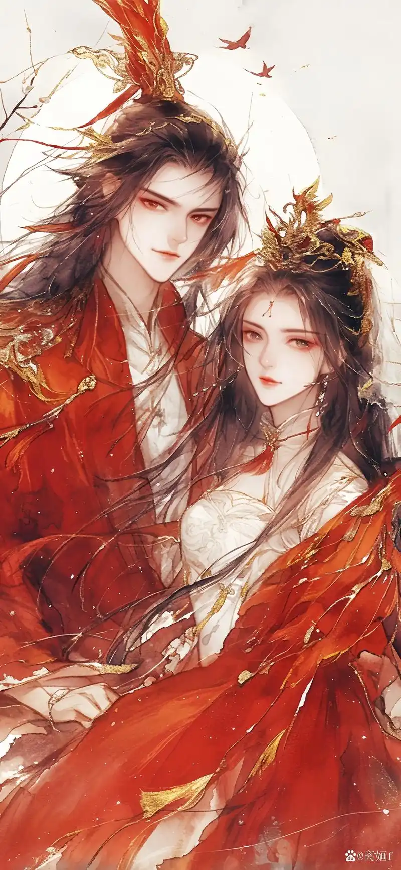 美图分享 古风双人情侣壁纸 红衣灼灼映花容,情意深深许白头.