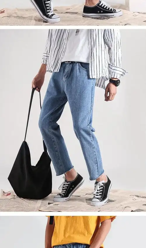 牛仔裤男潮牌宽松港风毛边浅色九分直筒裤子男生韩版潮流百搭分 免费