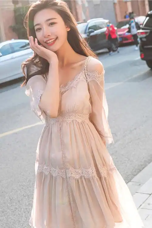 仙女度假海边沙滩裙雪纺连衣裙一字肩吊带仙女裙温柔风复古初恋裙子