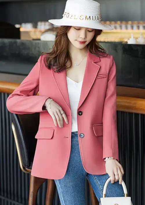 高级感粉色西装外套女士2023年春装新款设计感气质大码休闲小西服