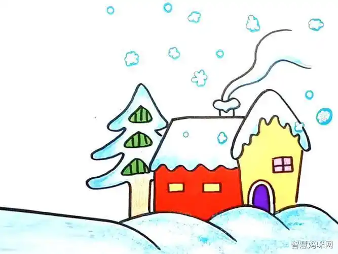 美丽的雪景儿童画冬天景色主题画简笔画冬天简笔画加色彩