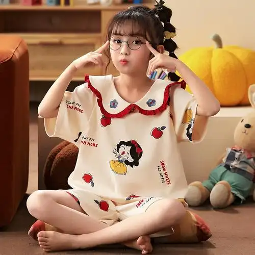 套装儿童纯棉翻领睡衣女童夏天薄款中大童卡通女孩家居服短袖夏季