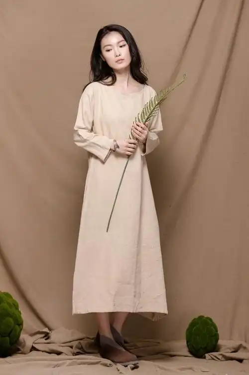 2015新款女装-学院女神范素雅纯色长袖女连衣裙 棉麻长裙a09图片_38