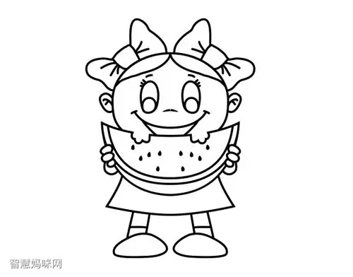 吃西瓜的女孩简笔画图片