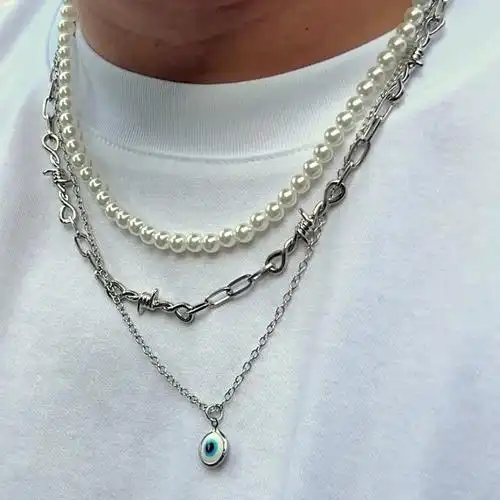 欧美跨境珍珠项链饰品男嘻哈个性荆棘眼镜锁骨链秋冬叠戴毛衣链男