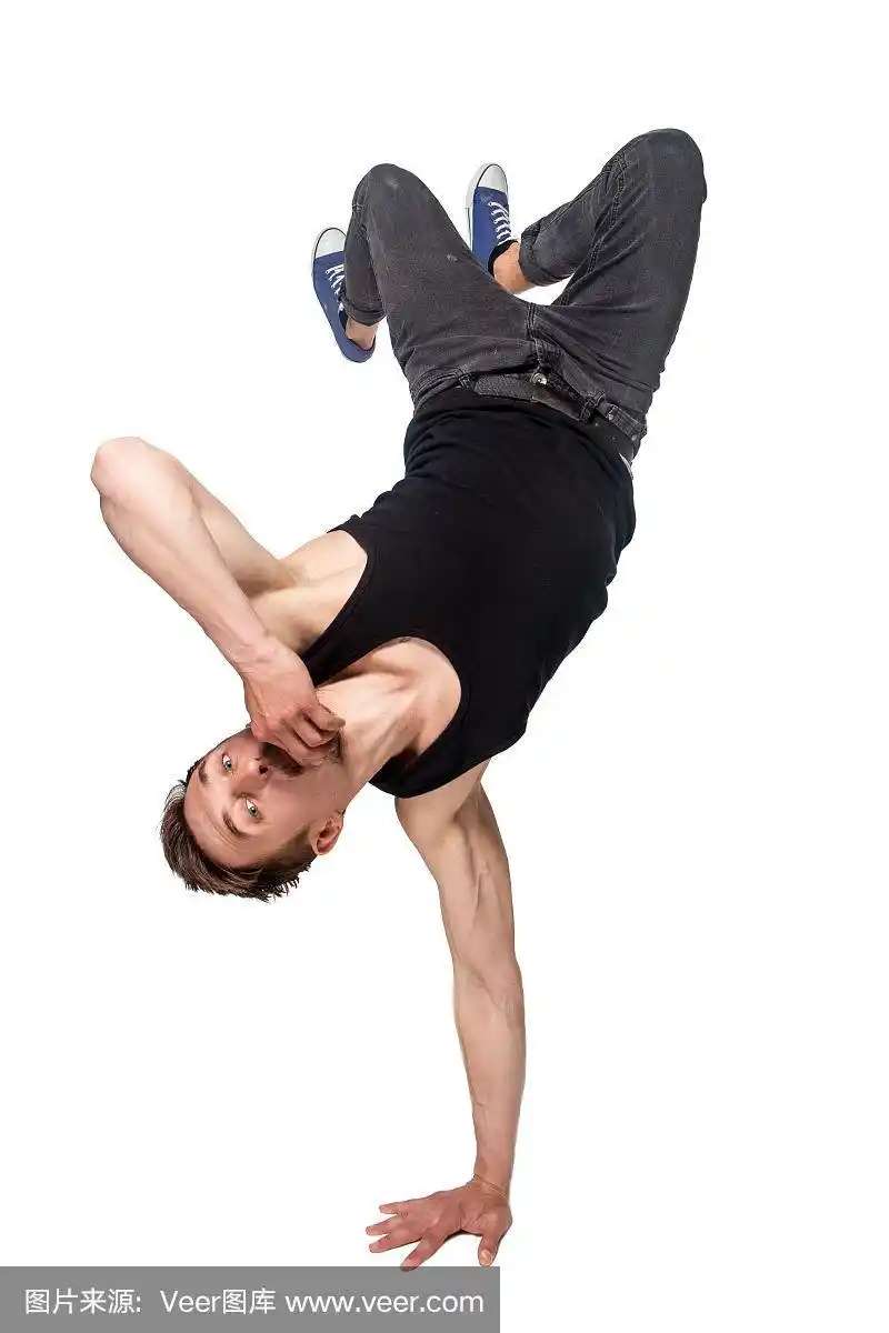 霹雳舞,一个人,白色背景,手倒立,垂直画幅