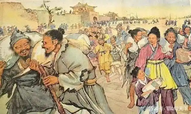 领到官府救济粮的古代百姓