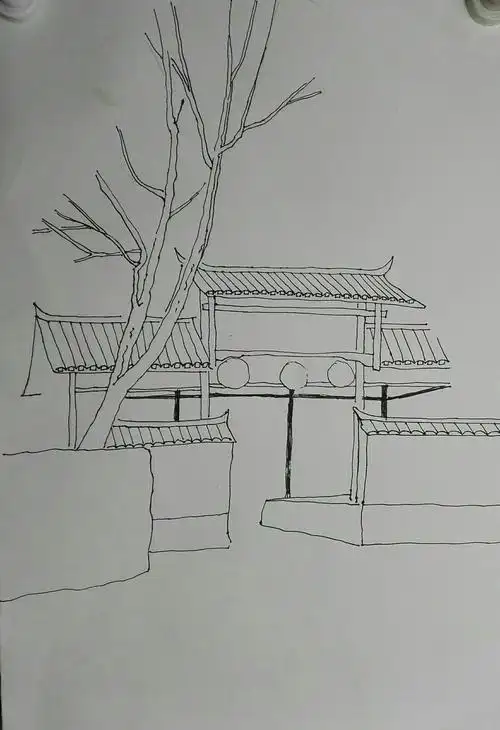 第三步丶画瓦片(注意瓦片呈弧形,孤形两端要在水平线上,提醒学生画