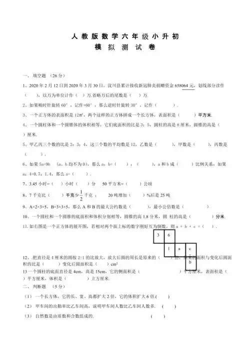 人教版数学六年级小升初试题含答案