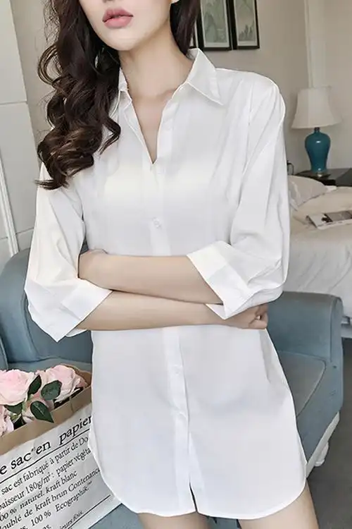 2021春夏季七分袖中长款百搭性感白衬衫女制服工作服 白色立领长袖