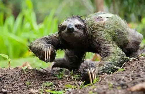 南美洲,终年栖居树上,用爪钩住树枝倒挂身躯,是世界上最慢的动物之一