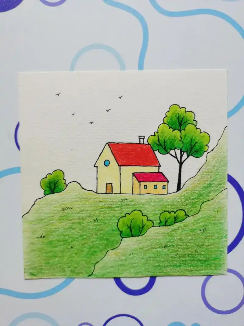 简单的彩铅风景画.随便画两条起伏的山坡,再画些小房子和树木, - 抖音