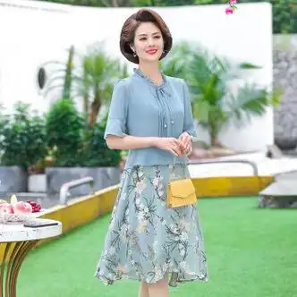柒貔年轻夏款短袖连衣裙夏装新款40岁50中年女夏季裙子洋气质浅蓝色xl