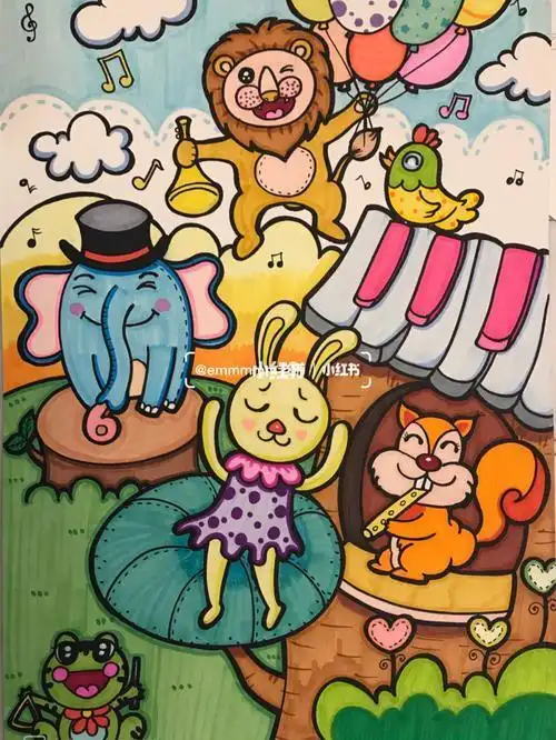 森林音乐会动物主题简笔画-儿童画森林音乐会六一儿童网简笔画音乐会