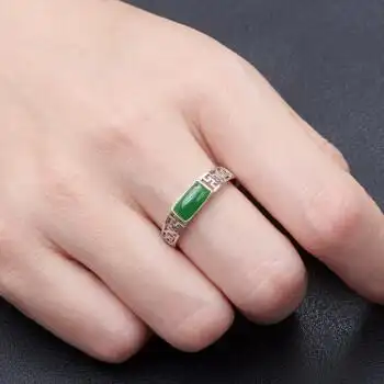 玲枭925银和田玉碧玉菠菜绿马鞍面活口女戒戒指刻字送女友闺蜜礼物