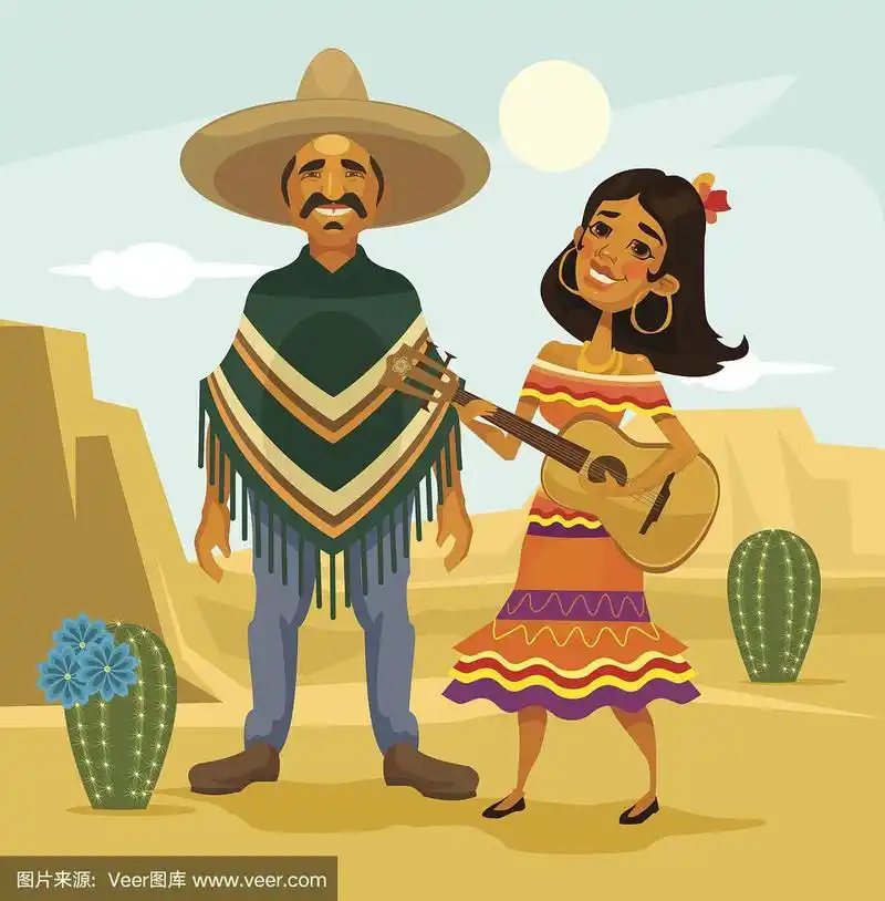 墨西哥夫妇.矢量平面卡通插图