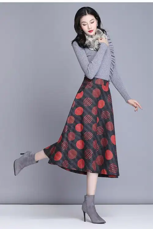 印花中长款半身裙女秋冬2019新款毛呢大摆百褶裙a字裙