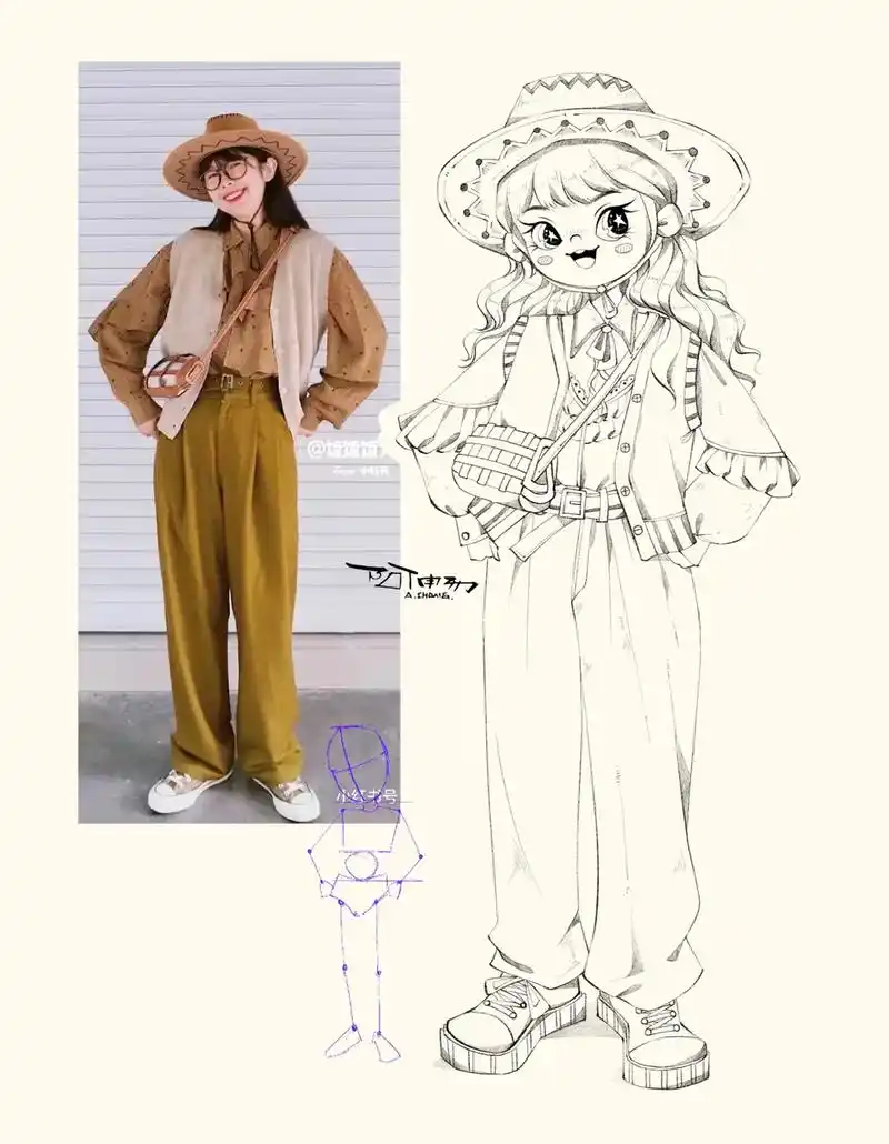 照片转手绘儿童插画 01-05女生全身人物照片转手绘 q版 - 抖音