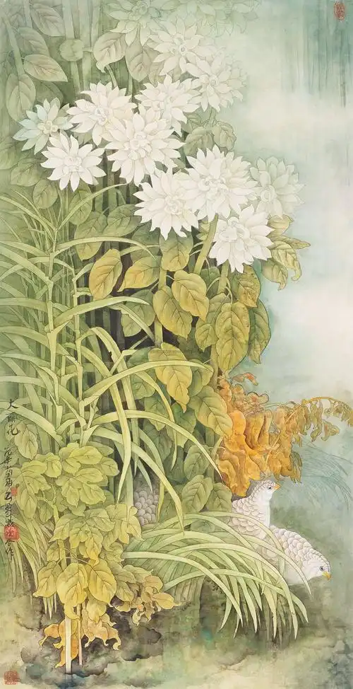 02112005年作工笔花鸟镜片设色纸本