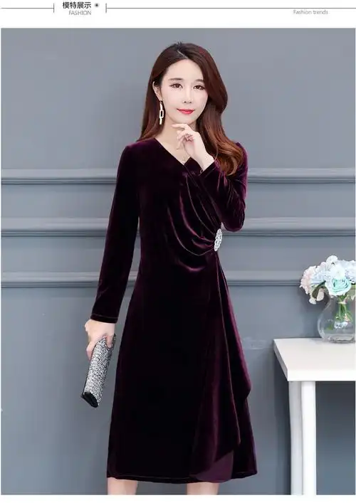 cc01012019秋冬新款气质胖mm修身连衣裙金丝绒