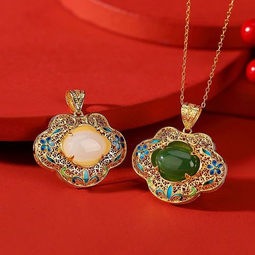 复古典国潮珐琅彩配饰品镀金宫廷吊坠女景泰蓝工艺蛋面民族风项链
