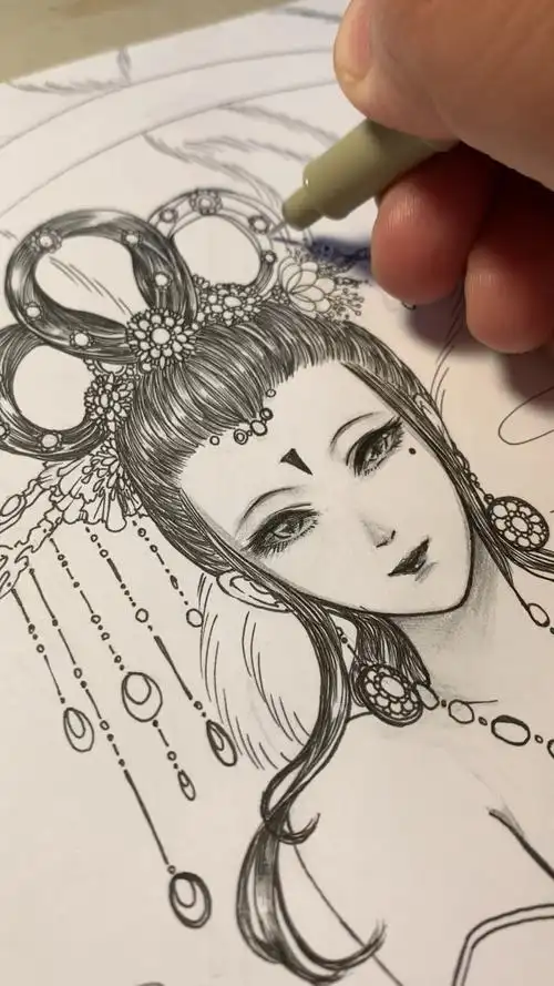 针管笔黑白古风手绘 九尾狐