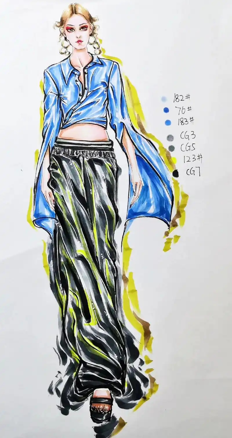 教你休闲风衬衫 裤子马克笔上色技法步骤图分享#服装设计手绘时 - 抖