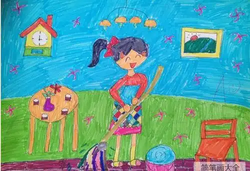 三八妇女节绘画作品之帮妈妈拖地