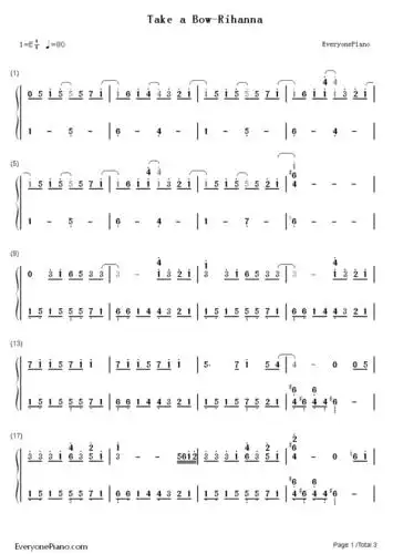 take a bow-rihanna numbered musical notation preview 1