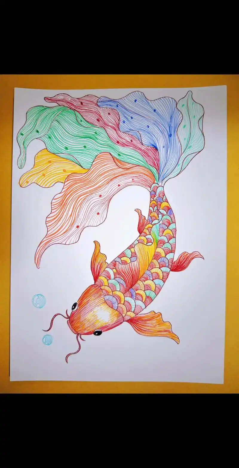 线描简笔画彩色锦鲤～好运连连～#简笔画 #绘画过程分享 #儿 - 抖音