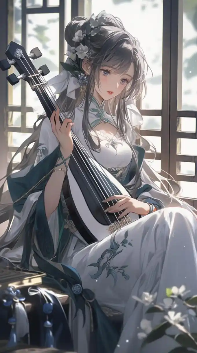 #二次元# #古风# #二次元美女# #古风美女# 蓝衣佳人古琵琶,音韵悠扬