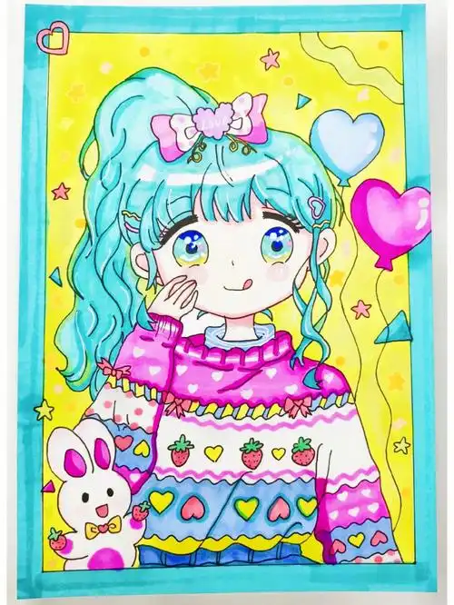 马克笔手绘卡通动漫人物美少女