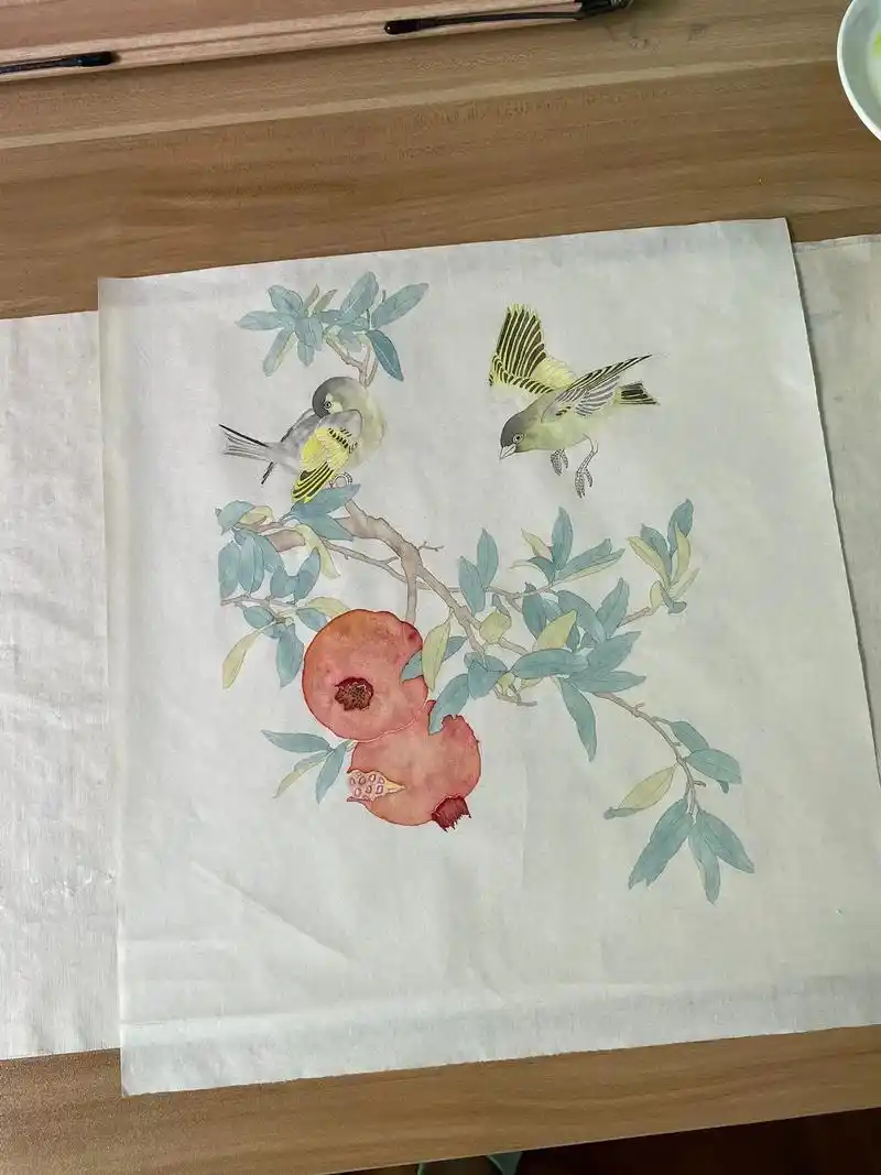 新作 石榴黄雀图#工笔花鸟 - 抖音