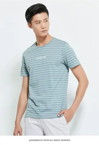 夏装 时尚印花经典条纹圆领男士纯棉短袖t恤