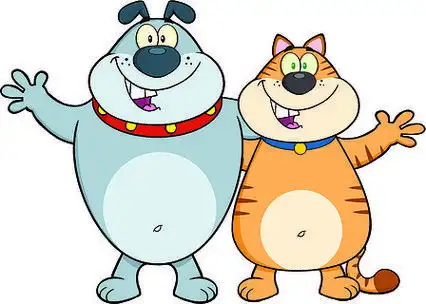 快乐的狗和猫卡通人物拥抱