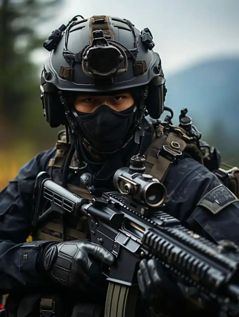 军人就要浴血奋战   全副武装打扮特种部队士兵, 穿着黑色战斗服,战术