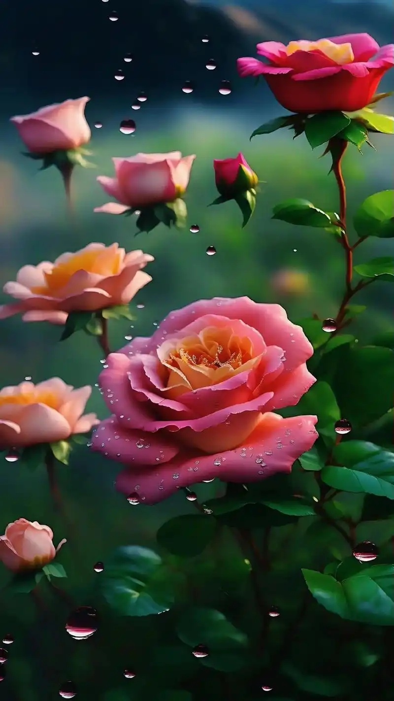 深山里的玫瑰,  阳光明媚的天气,  雨后水珠晶莹剔透,一朵 - 抖音