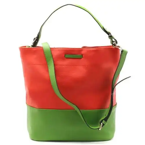 可尼尔kenier 靓色系列真皮拼色拉绳单肩手拎斜跨水桶包红加绿ke27