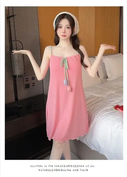 新款冰丝罗纹可拆卸胸垫吊带蝴蝶结睡裙睡衣少女夏季甜美家居服 - 17