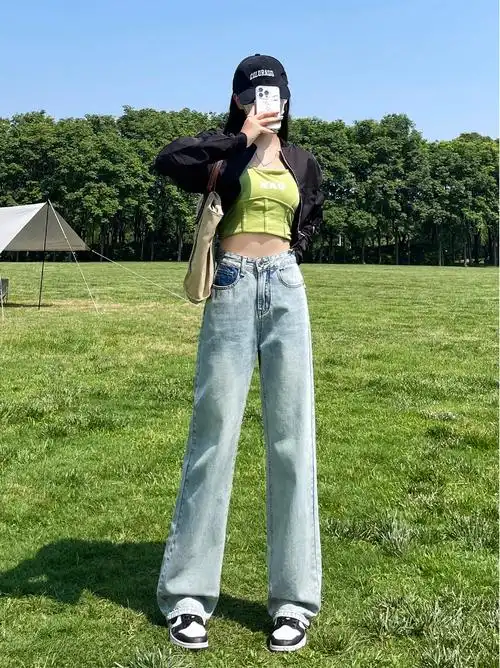实拍 浅绿色牛仔裤2024年新款春夏薄款撞色高个子加长窄版阔腿… - 17